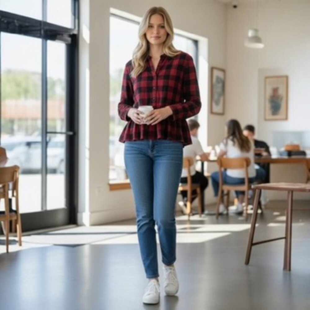 VGC Madewell Lakeside Peplum burgundy  Buffalo Check Long Sleeve Size US Large